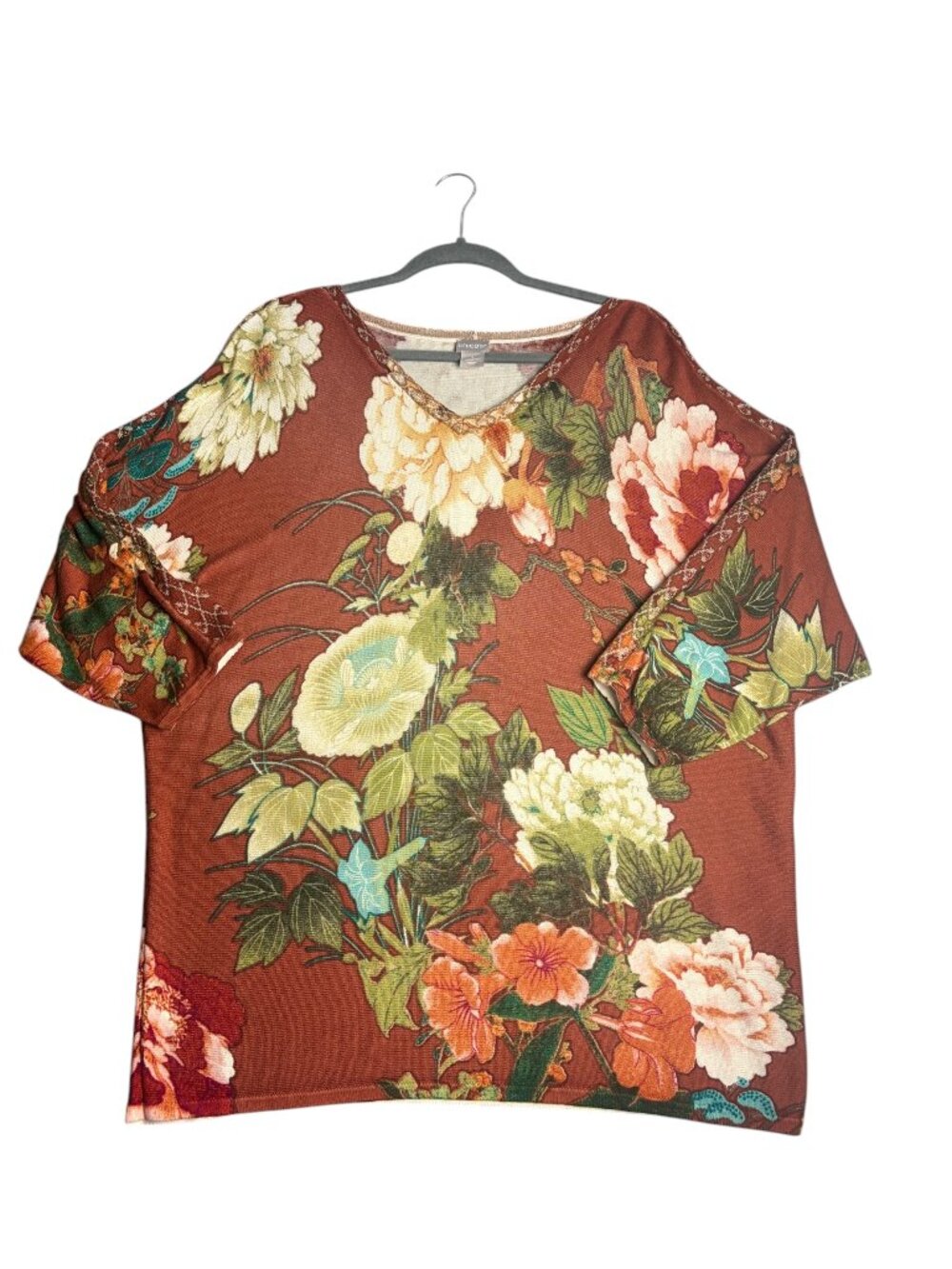 Chicos Size 3 Xl Floral Knit Top Rust Brown 3/4 Sleeve V Neck Embroidered Soft